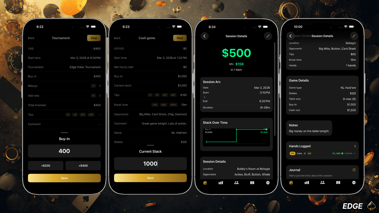 EDGE Poker session details with hand logger
